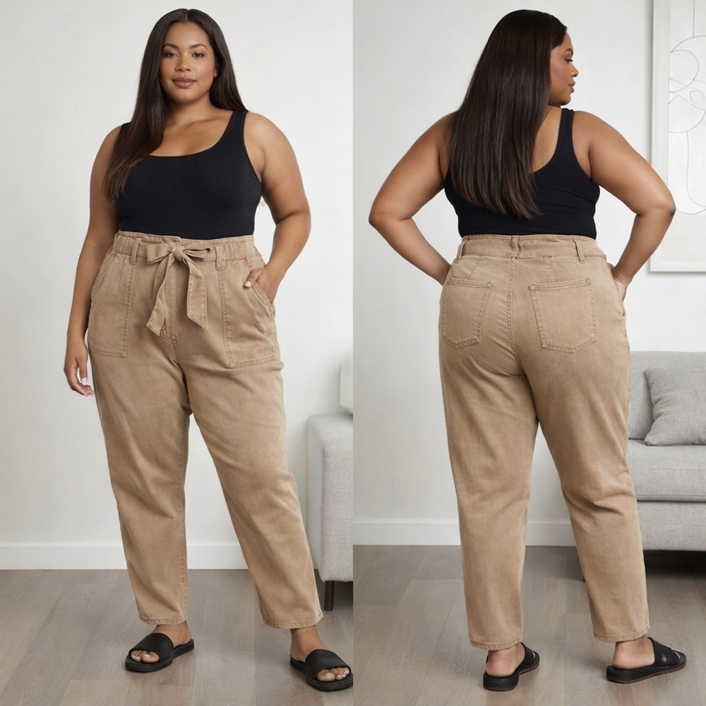 Eloquii Denim Paperbag Waist Tie-Belt Pants Khaki Tan Size 16W Contemporary Tape